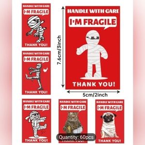 Fragile Animal/Mummy Stickers In Red 60pcs, 2" Wide X 3" Length, New